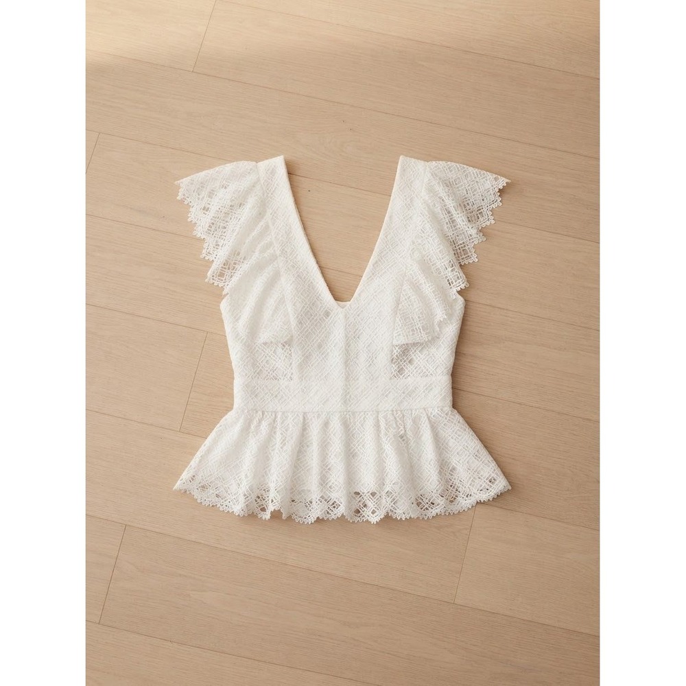 Zara Women Top S White Lace Peplum V-Neck Ruffle Sleeve Boho Romantic